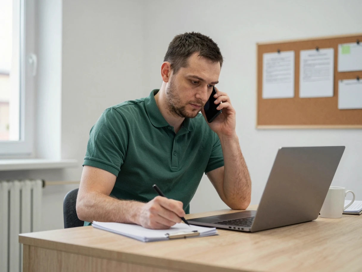 Koordinátor vyřizuje registrace telefonicky u notebooku v kanceláři